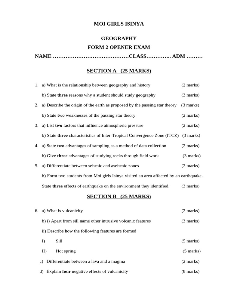Form 2 Geography Opener Exam | PDF