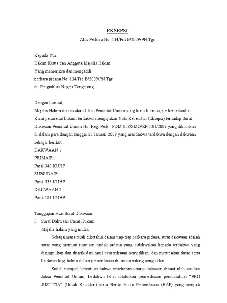 Contoh Surat Tanggapan Eksepsi Pidana Fadhildyla93
