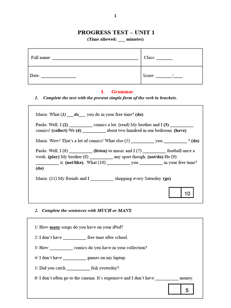 Progress Test 1 - Unit 1 | PDF