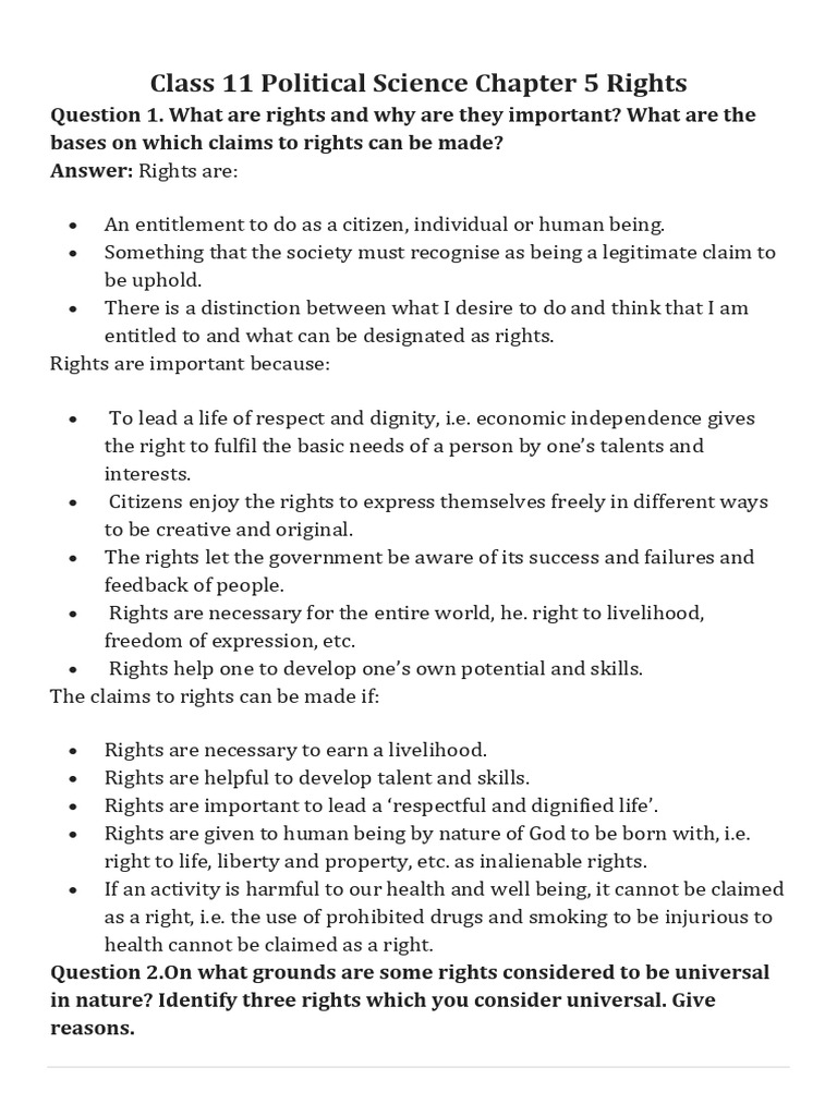 11th Political Science Chapter - 5 Rights | PDF | Rights | Government