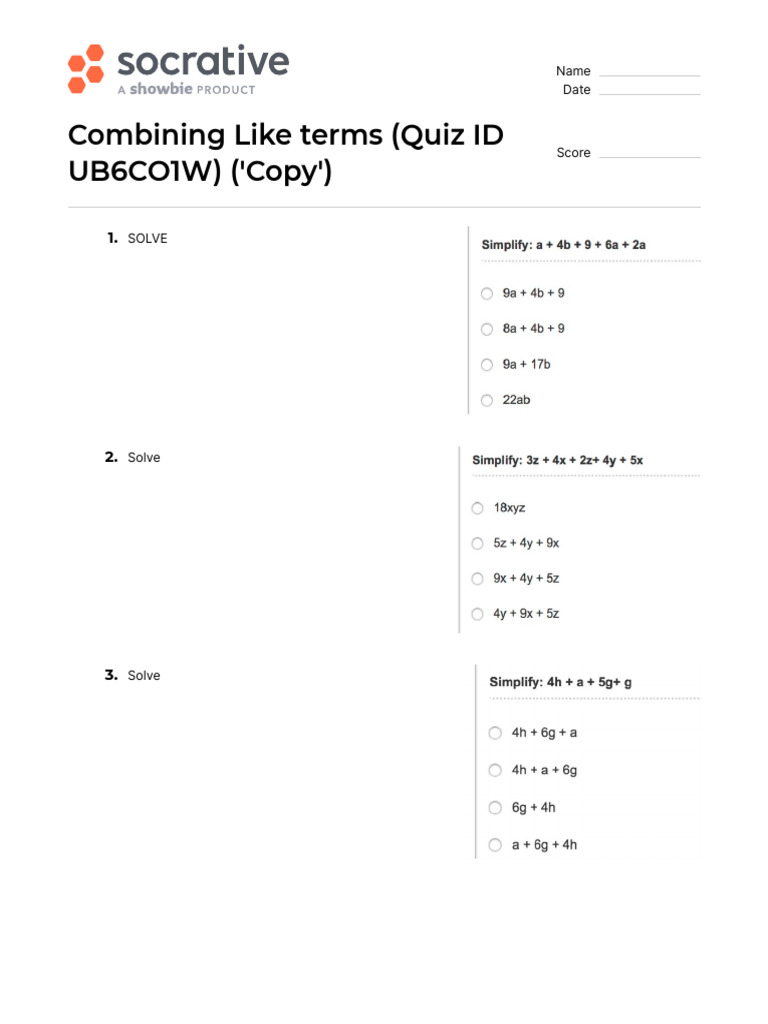 Quiz - Combining Like Terms (Quiz ID UB6CO1W) (Copy) | PDF