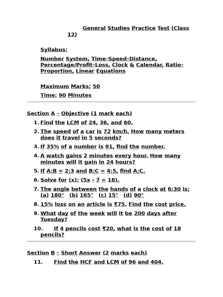 General Studies Practice Test | PDF | Speed | Chess