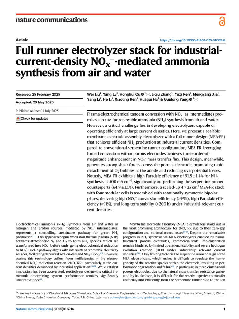 Full Runner Electrolyzer Stack For Industrial-Current-Density NOx ...
