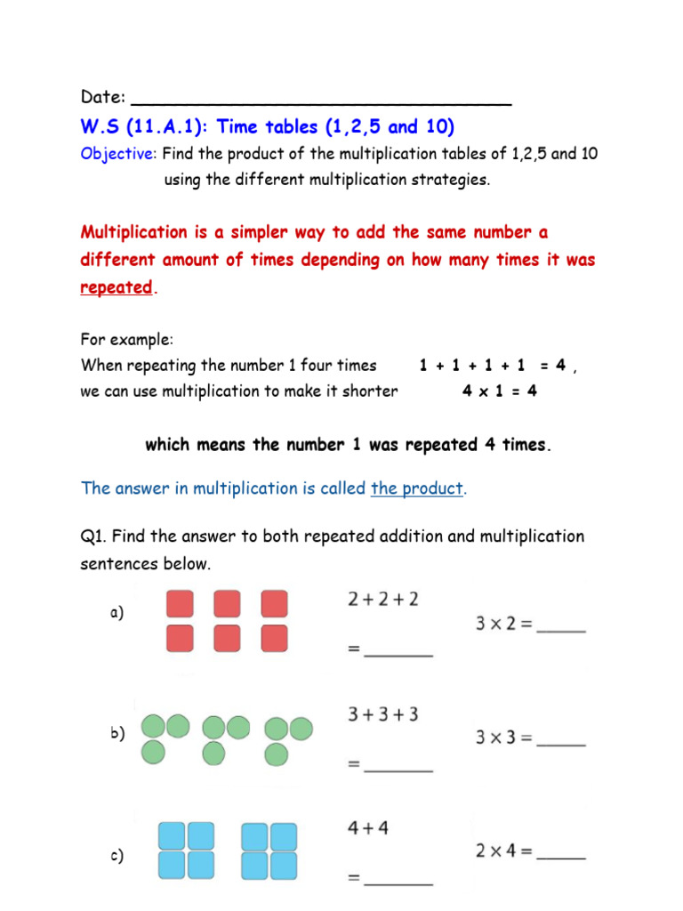 W.S (11.A.1) : Time Tables (1,2,5 and 10) : Date | PDF | Multiplication ...