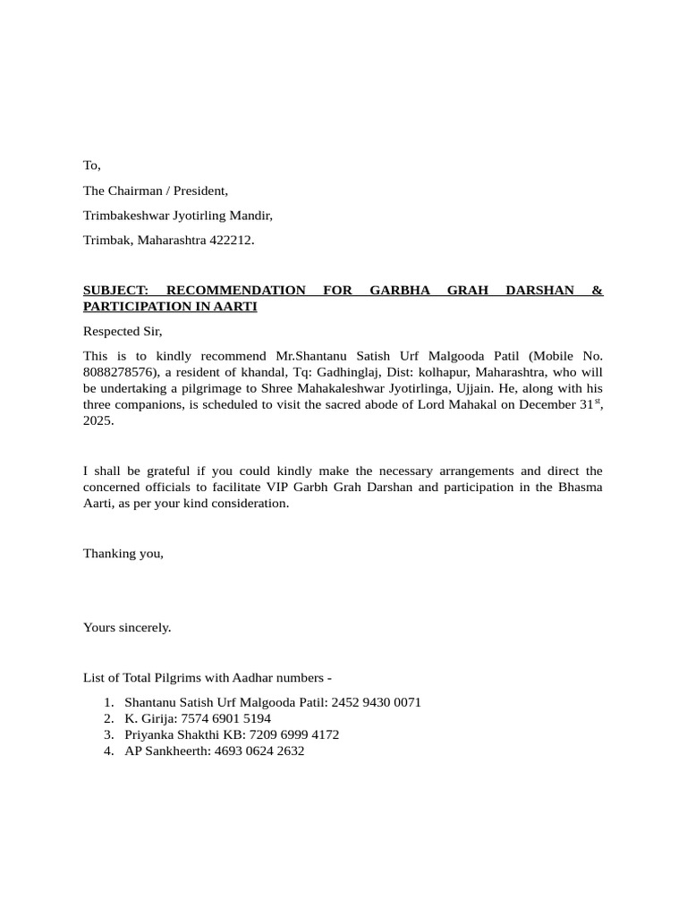 Letter For Darshans 4 Temples Final | PDF | Hindu Worship