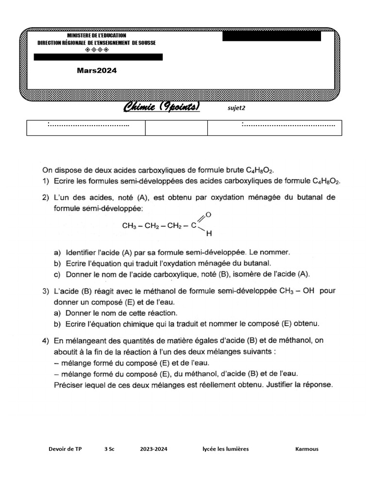 Devoir Tp3 Annee (Sujet 2) Lycee Lumieres 3 SC 2024 KARMOUS | PDF