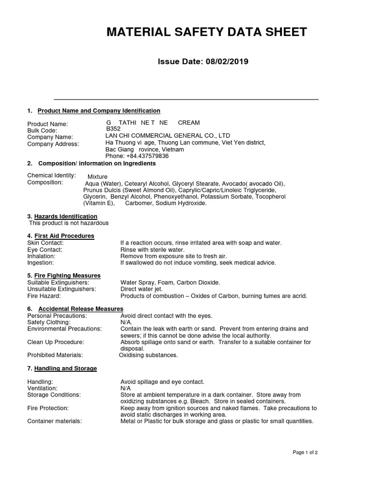 MSDS BM - Glutathione Tone Up Cream | PDF | Chemical Substances | Materials