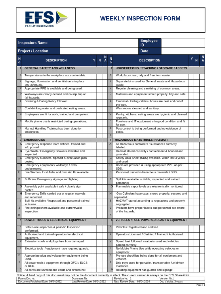 HSE 400-FRM-0024B Weekly Inspection Form | PDF | Dangerous Goods ...