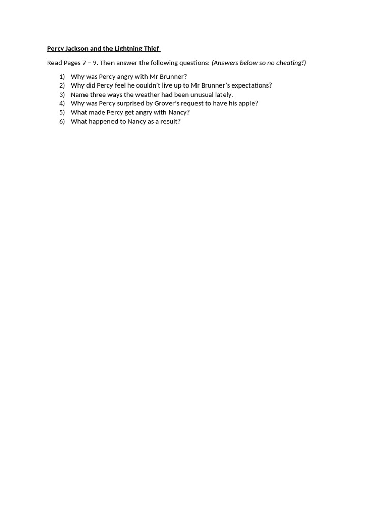 Percy Jackson and The Lightning Thief Questions and Answers | PDF