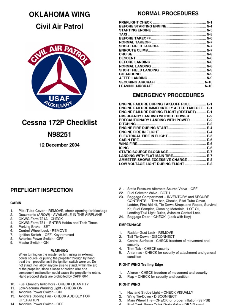 Cessna 172P Checklist Carburetor Turbine Engine Failure