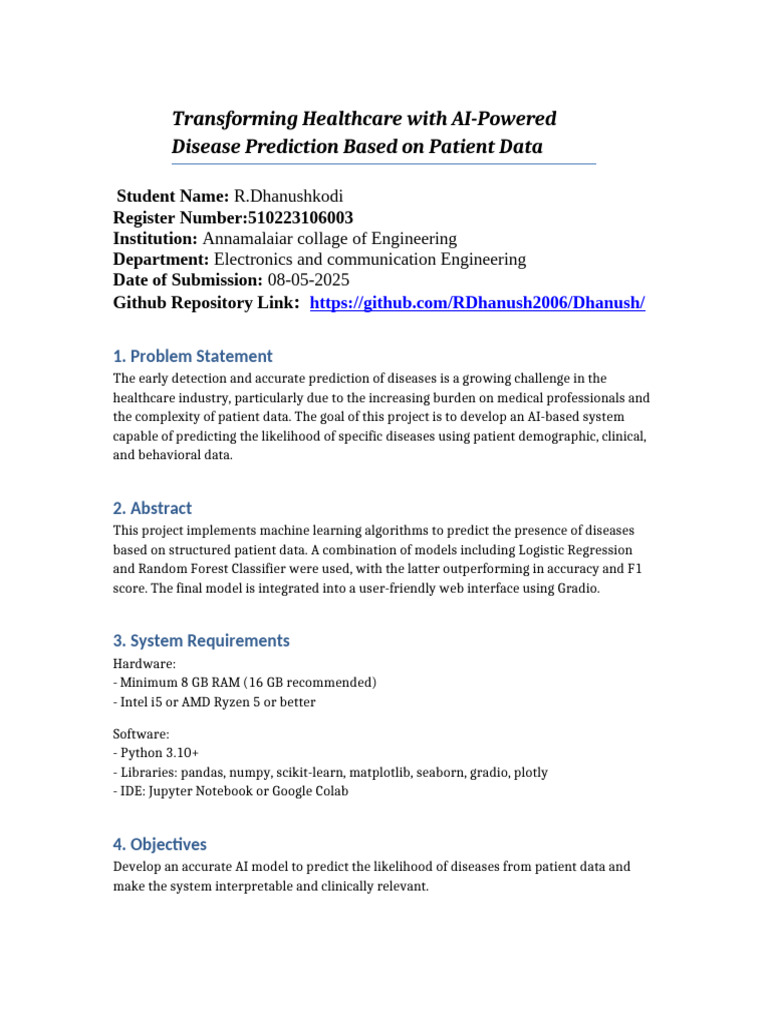 AI Disease Prediction Documentation | PDF | Data Analysis | Artificial ...