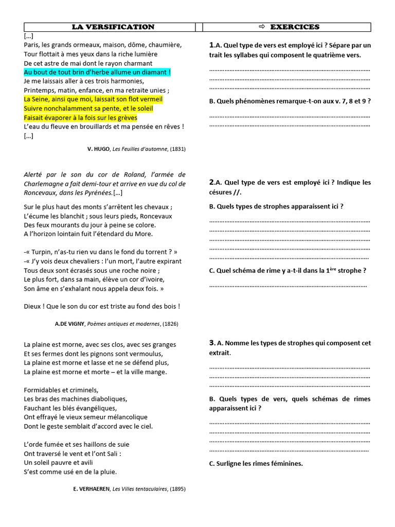 LA VERSIFICATION-Exercices | PDF | Versification | Formes narratives
