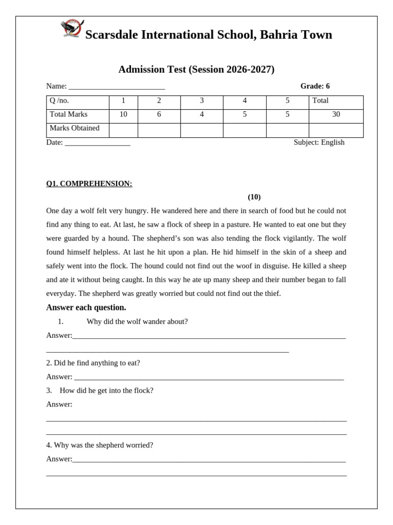 English Admission Test Class 6 Final | PDF | Adverb | Adjective