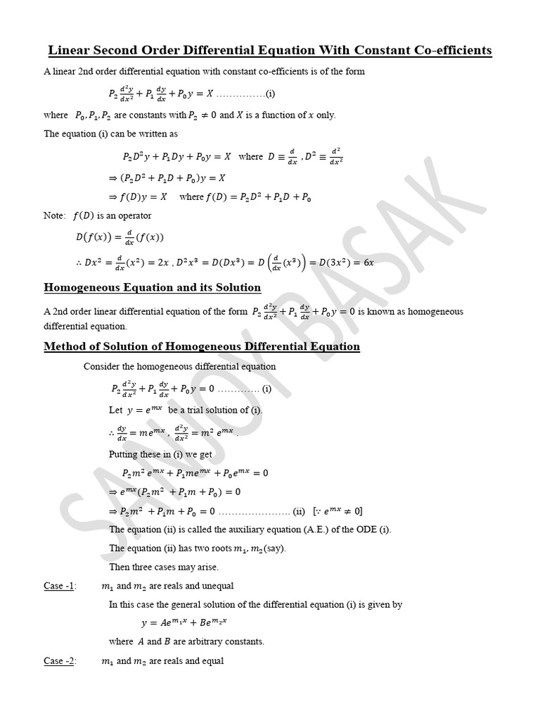 Linear Second Order Differential Equation With Constant Co-Efficients ...