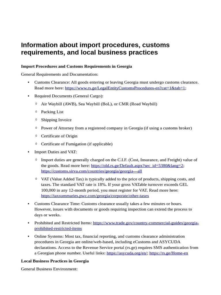 Import Procedures, Customs Requirements, and Local Business Practices ...