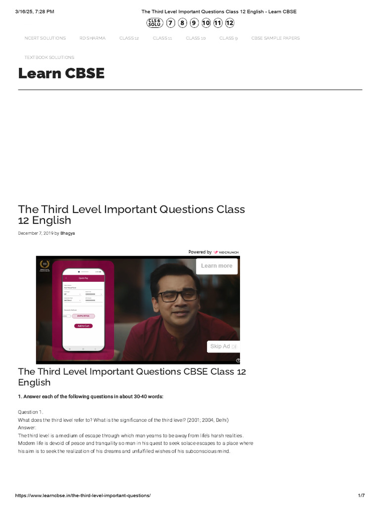 The Third Level Important Questions Class 12 English - Learn CBSE | PDF