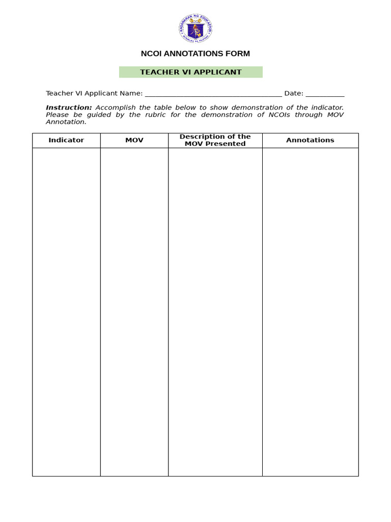 NCOI Annotations Form For Teacher VI Applicant | PDF