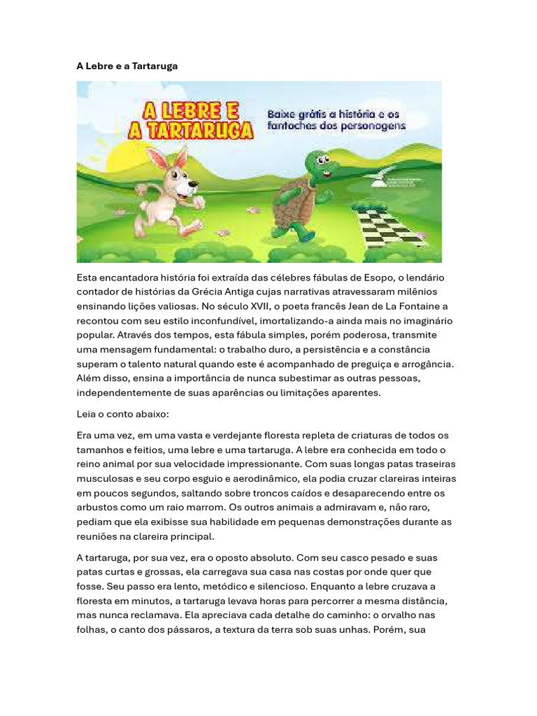 A História Da Lebre e A Tartaruga | PDF | Fábula | Tartaruga