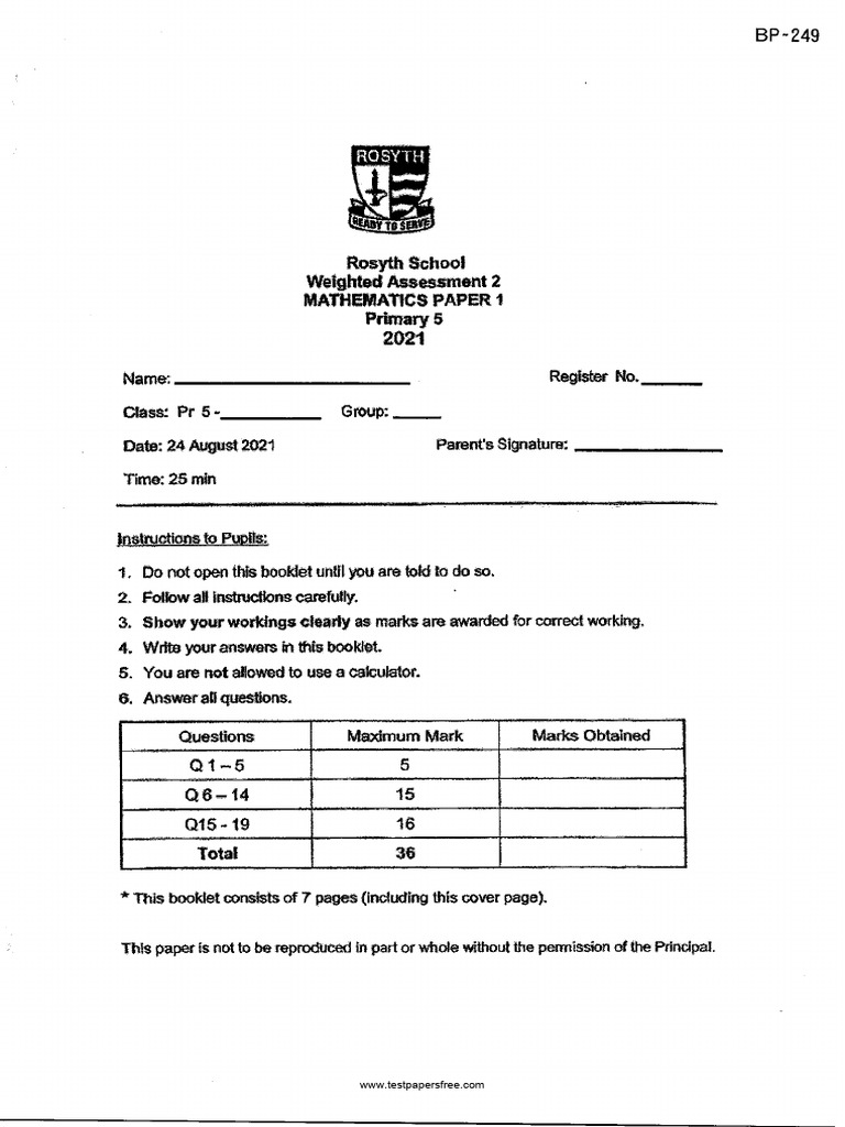 P5 Maths 2021 CA2 Rosyth | PDF