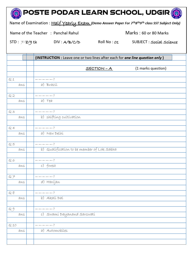 Sample Answer Paper For 7th 8th 9th | PDF | Agriculture | Food Industry