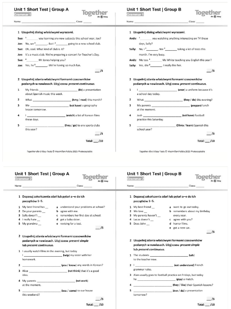 Together 6 Unit 1 Short Test Grammar 1 & 2 | PDF