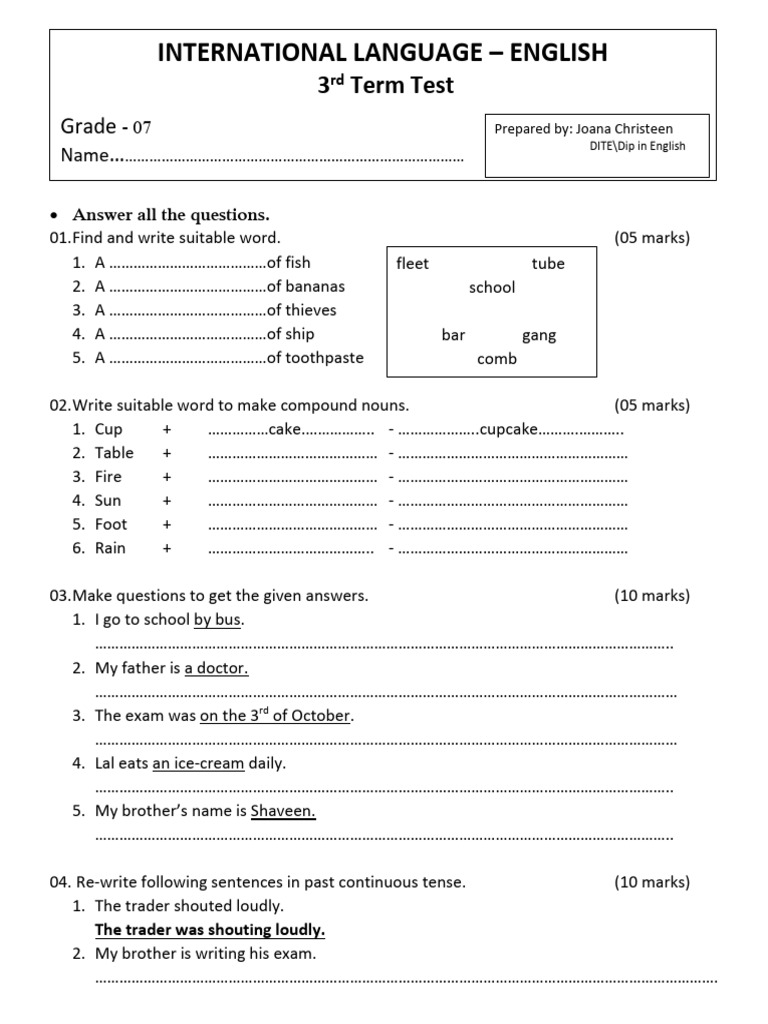 Grade 7 3rd Term Test | PDF | Languages | Foreign Language Studies