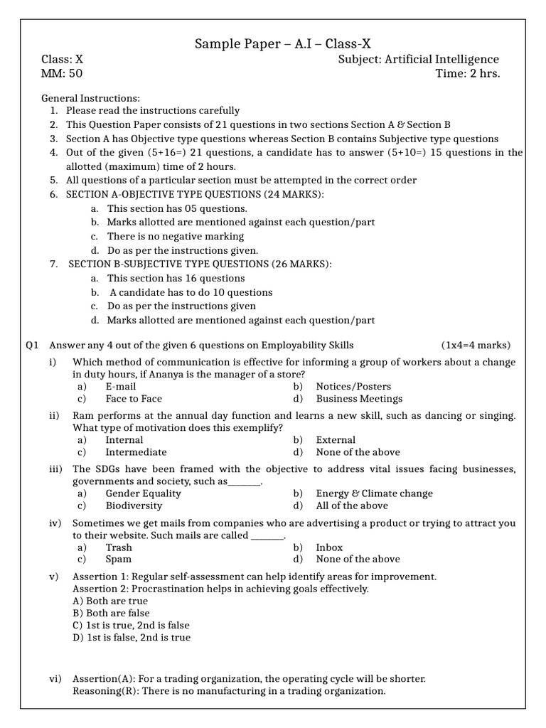Sample Paper 1 AI Class X | PDF | Artificial Intelligence ...