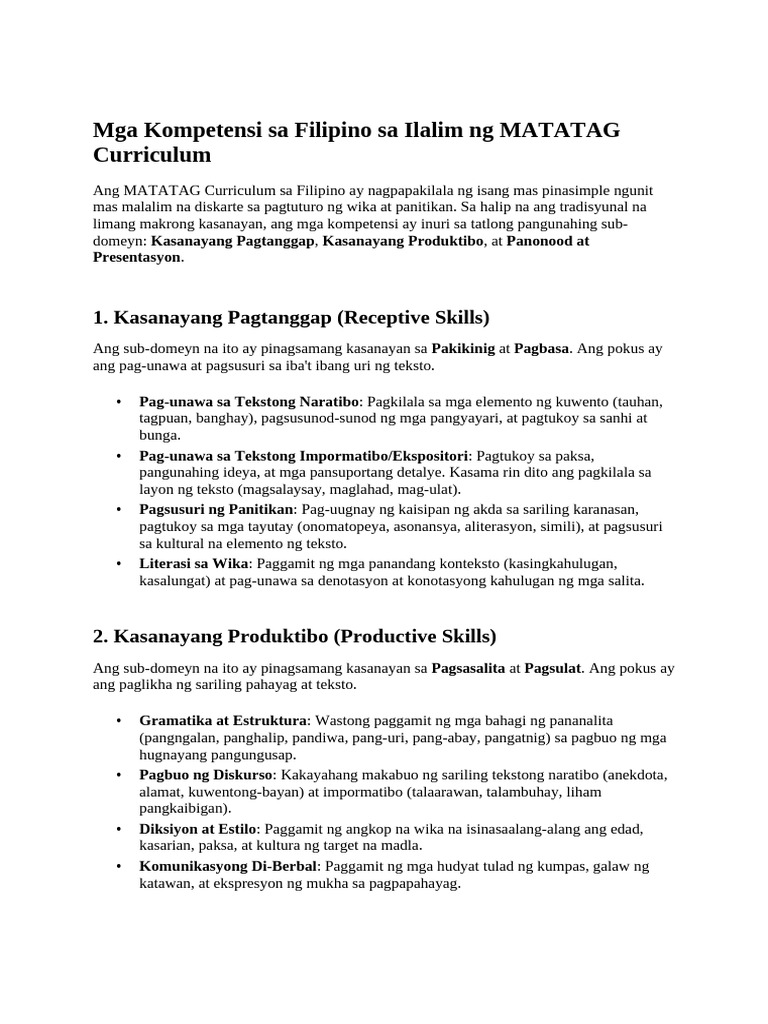 Mga Kompetensi Sa Filipino Sa Ilalim NG MATATAG Curriculum | PDF