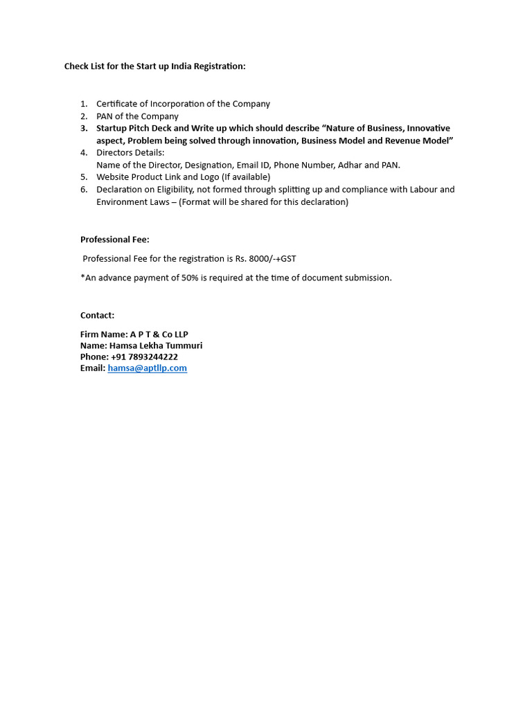Check List For Startup India Registration | PDF