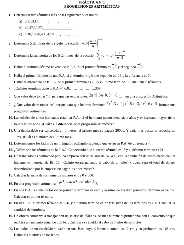 Práctica de Progresiones Aritméticas | PDF