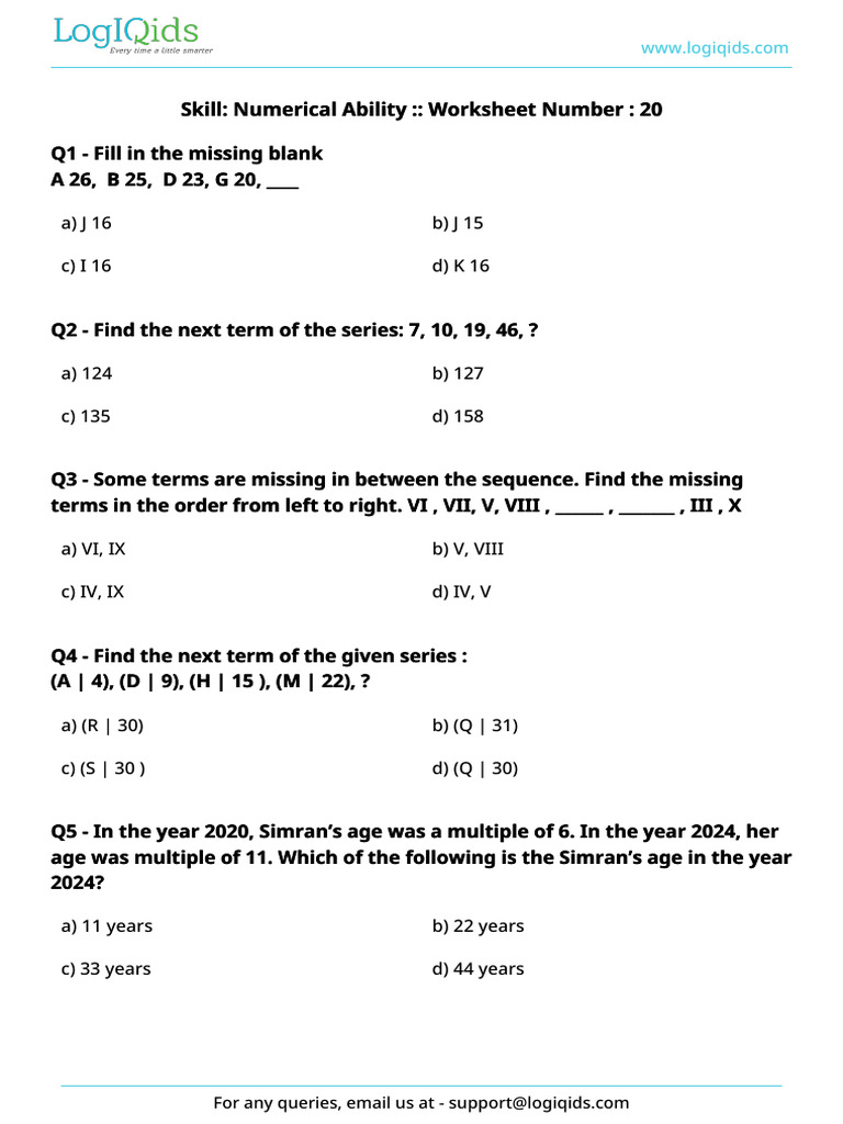 Skill: Numerical Ability:: Worksheet Number: 20 Skill: Numerical ...