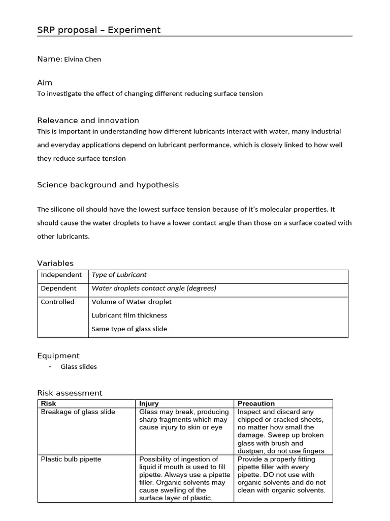 SRP Proposal - Experiment | PDF | Lubricant | Water