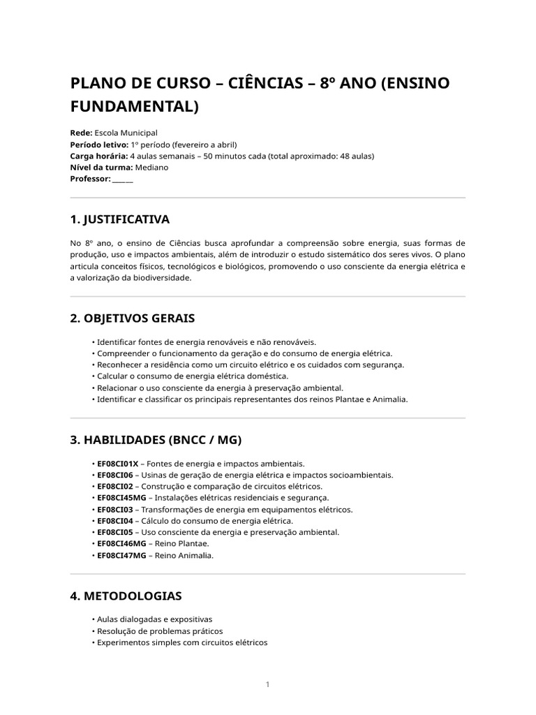 Plano de Aula 8 Ano | PDF