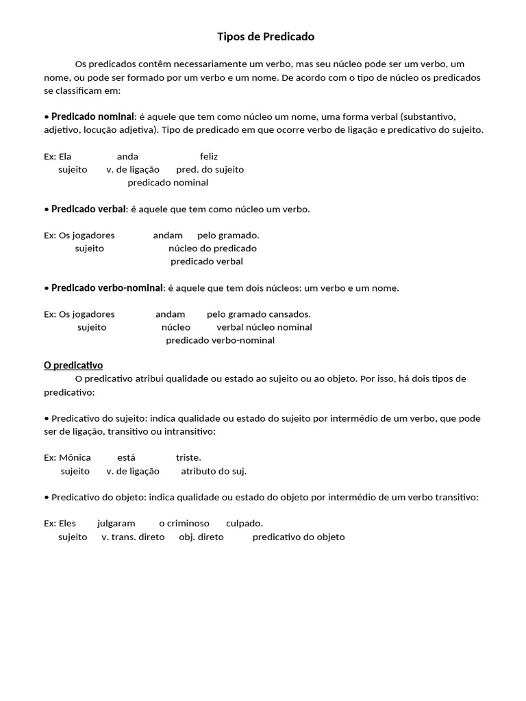 Tipos de Predicado | PDF | Assunto (gramática) | Predicado (gramática)