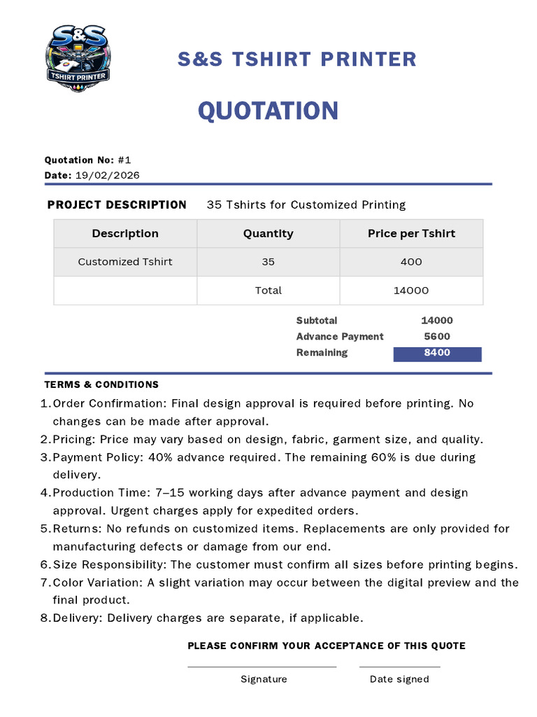 S&S Tshirt Printer Quotation | PDF