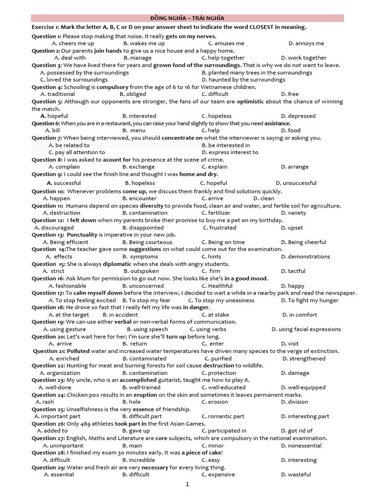 Synonyms and Antonyms - HK1 | PDF | Nonverbal Communication