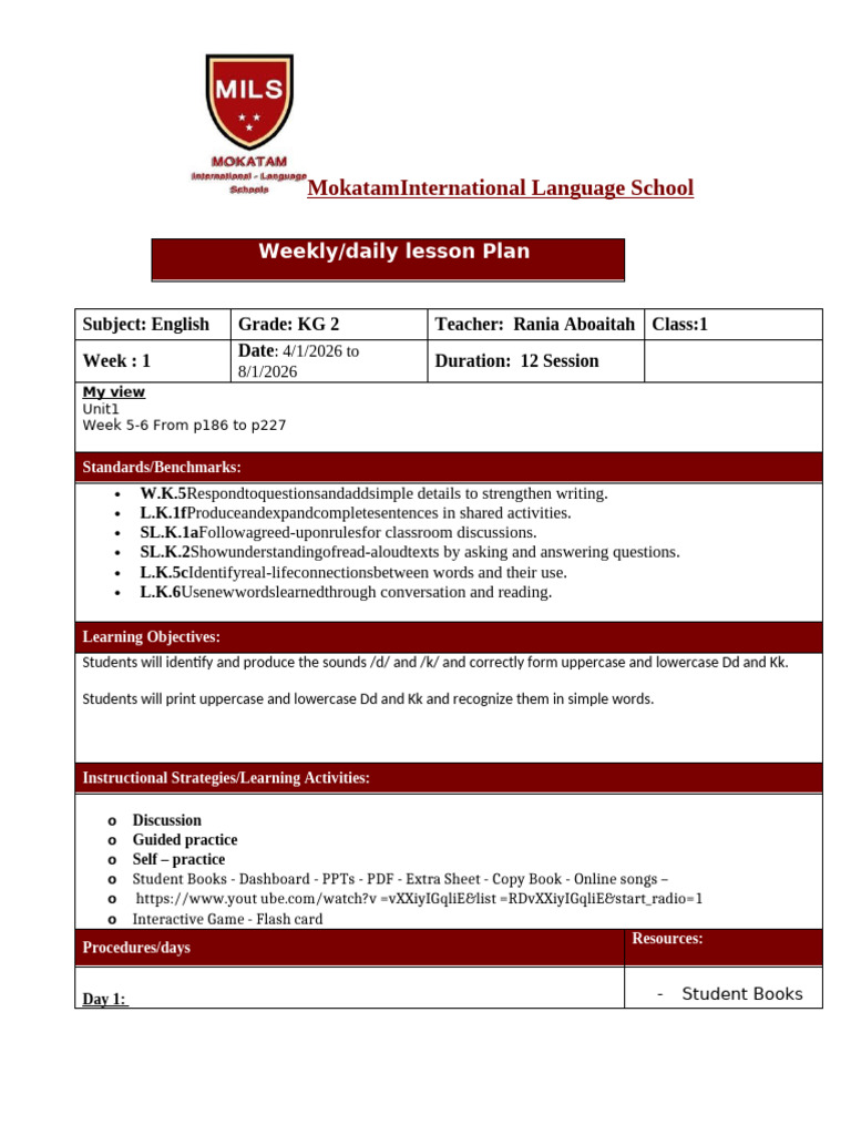 Weekly Lesson Plan W 1 ENGLISH | PDF | Phonics | Linguistics