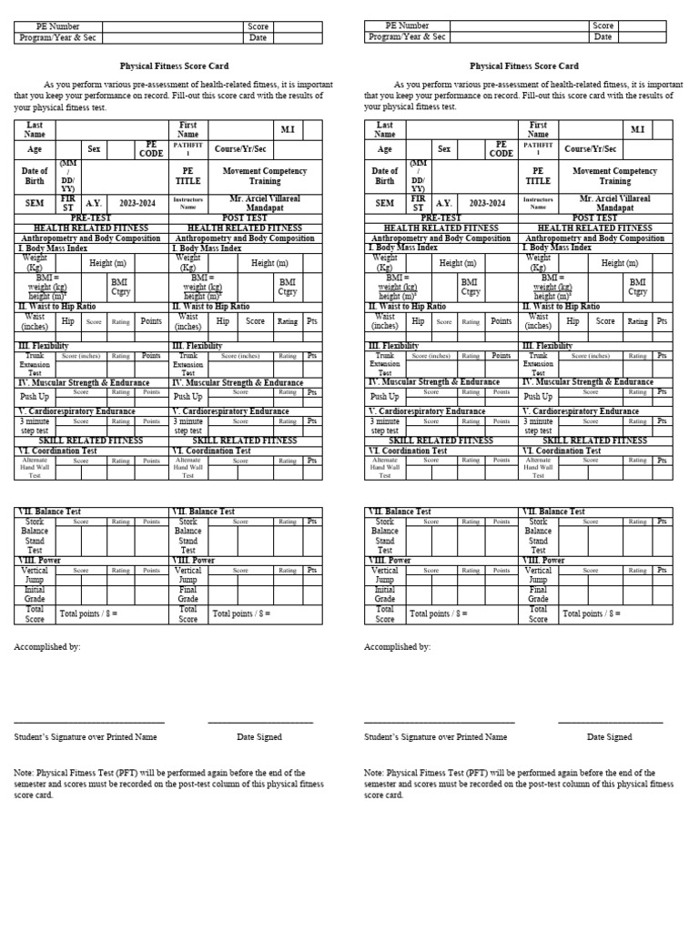 Physical Fitness Score Card | PDF | Body Mass Index | Waist