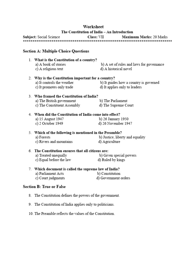 Worksheet-The Constitution of India - An Introduction | PDF ...