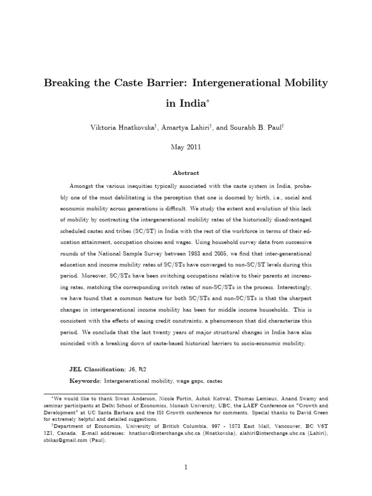 Breaking The Caste Barrier Intergenerational Mobility in 28jrmyx053 ...