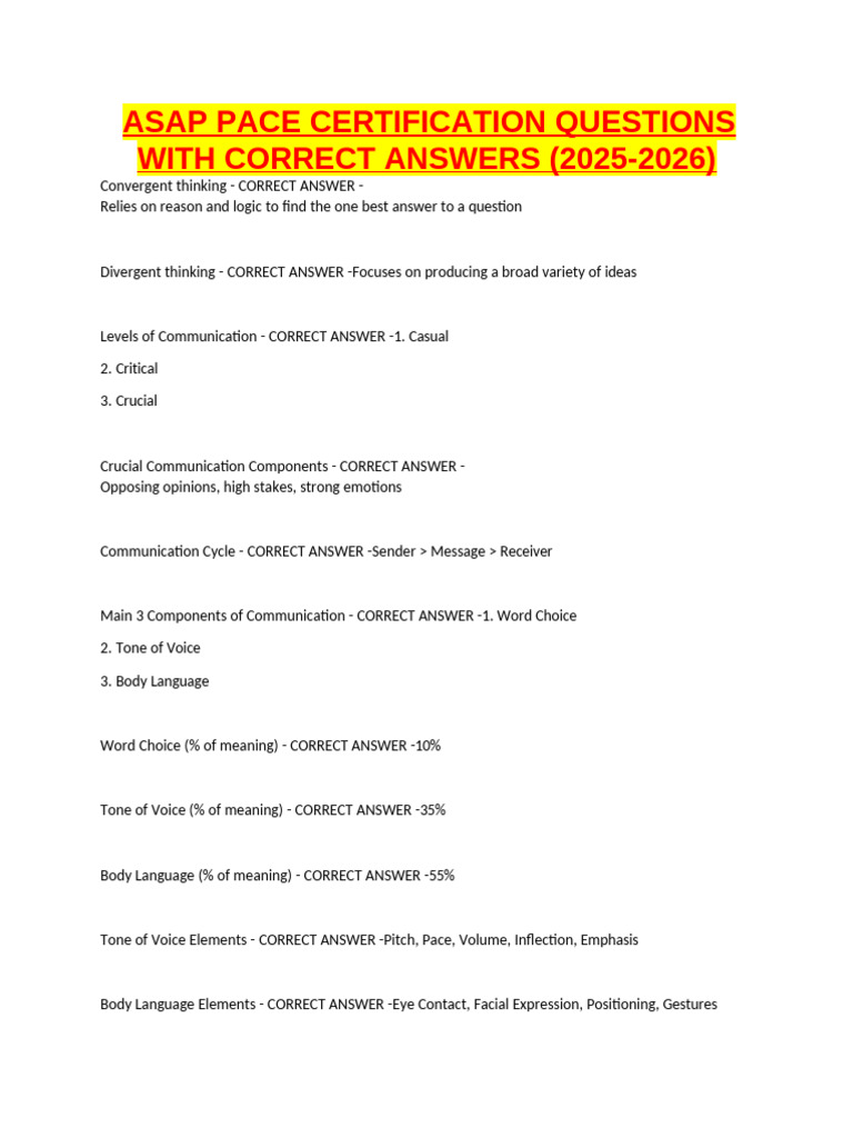 Asap Pace Certification Questions With Correct Answers 2025 2026 | PDF ...