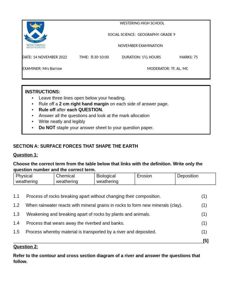 Term 4 Grade 9 Geo Exam 2022 | PDF | Overfishing | Weathering