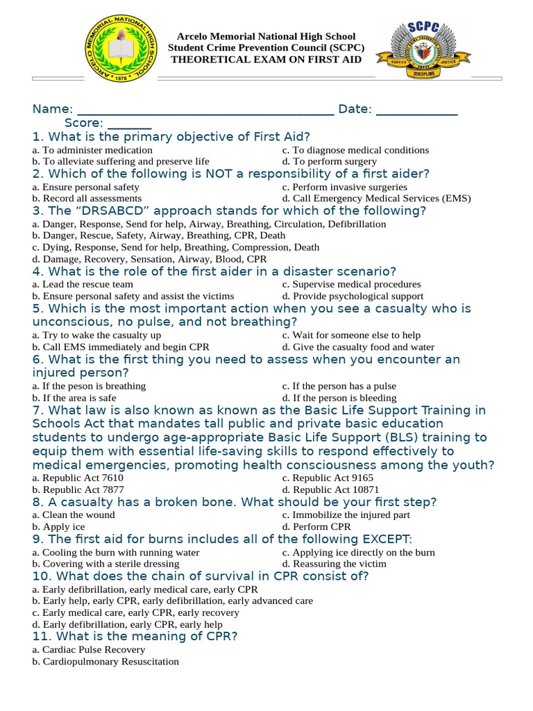 Theoretical Exam On First Aid I | PDF