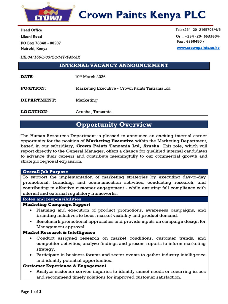 Internal Advert - Marketing Executive - CPTL | PDF | Marketing | Economies