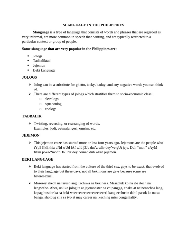 Slanguage in The Philippines (Aguinaldo, Lady Anne A.) | PDF