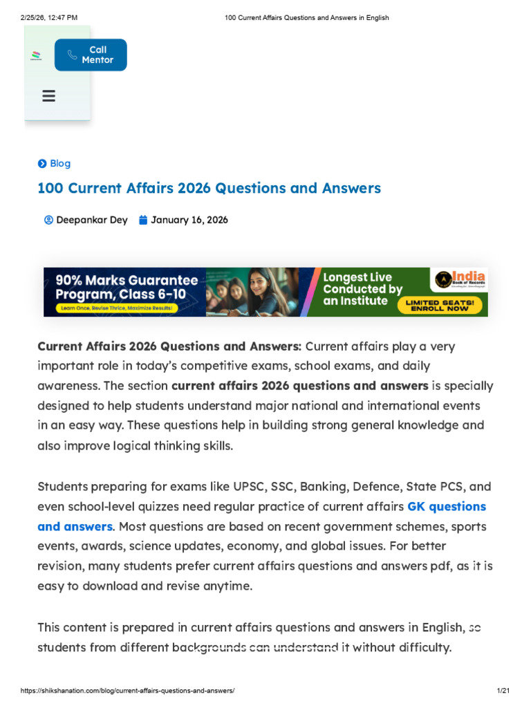 100 Current Affairs Questions and Answers in English | PDF | Faq