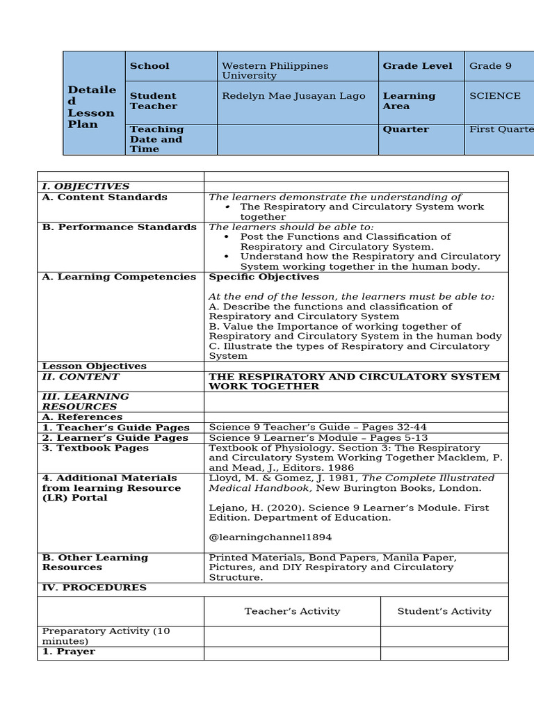 Detailed Lesson in Grade 9 Science - RED | PDF | Respiratory Tract | Lung