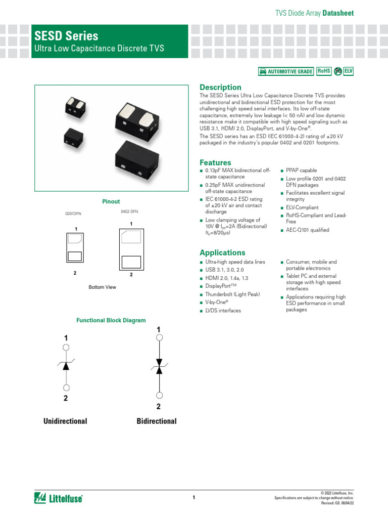 Littelfuse TVS Diode Array SESD Ultra Low Capacitance Discrete TVS ...