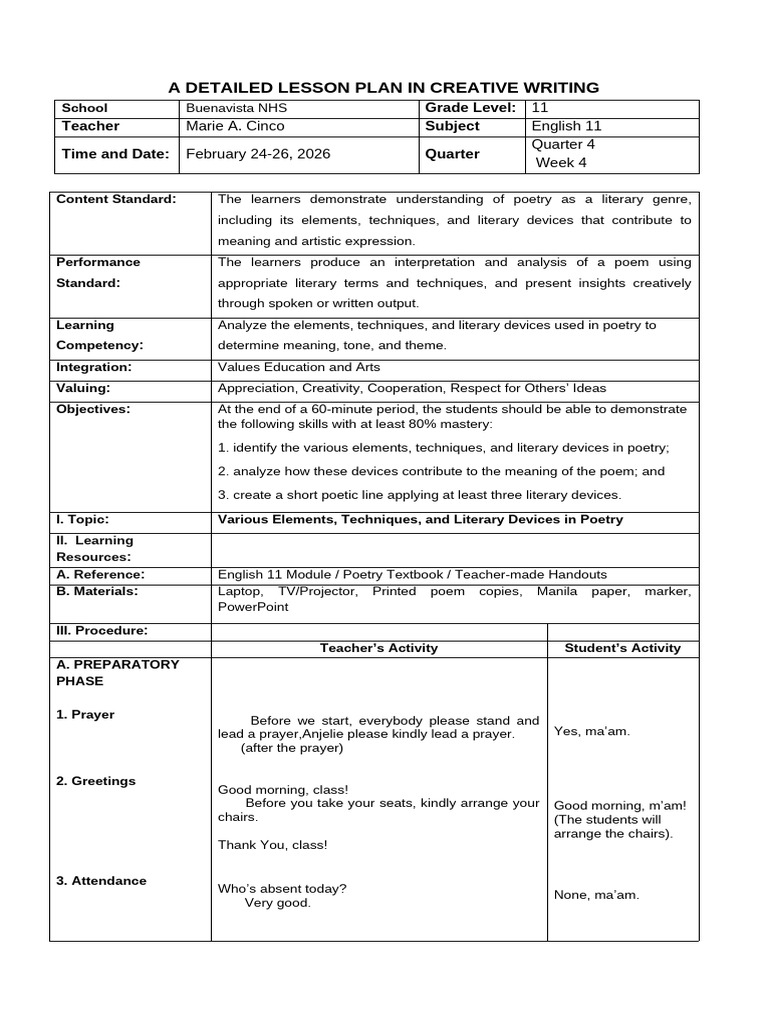 Grade 11 Creative Writing SHS Acad Track | PDF | Poetry