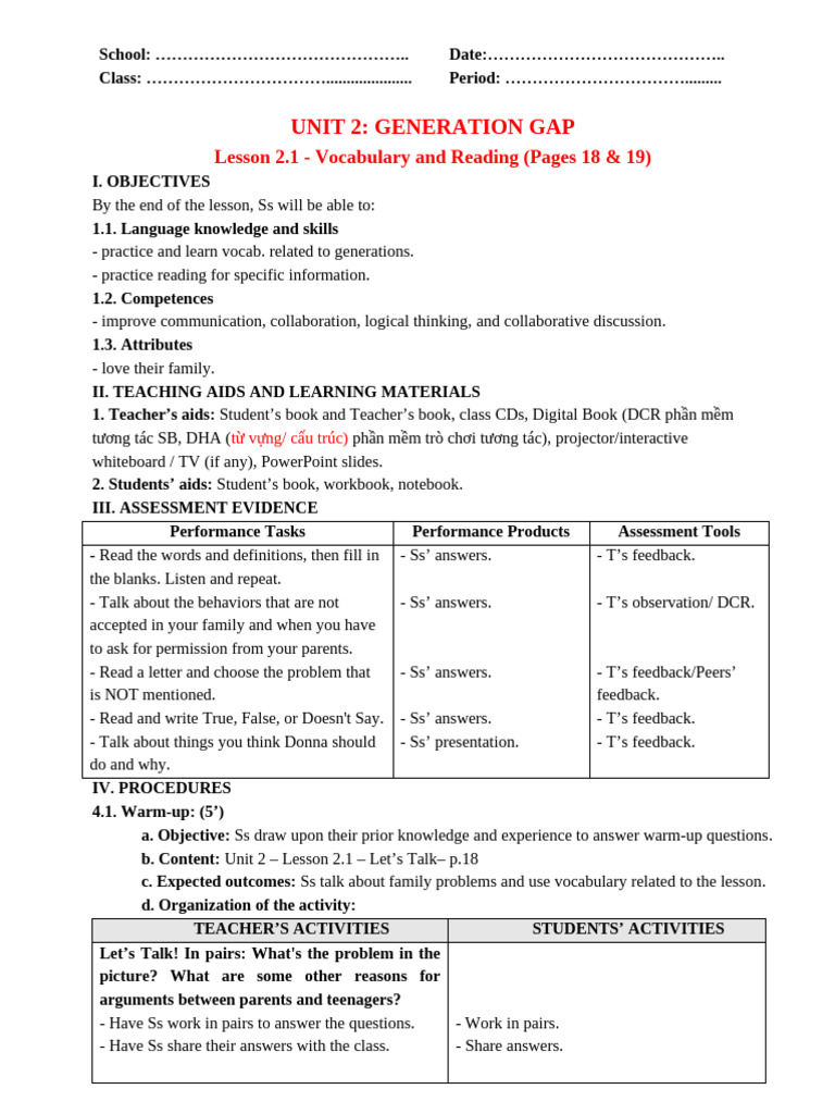 Unit 2 - Lesson 2.1 - Vocab & Reading - Pages 18 & 19 | PDF ...